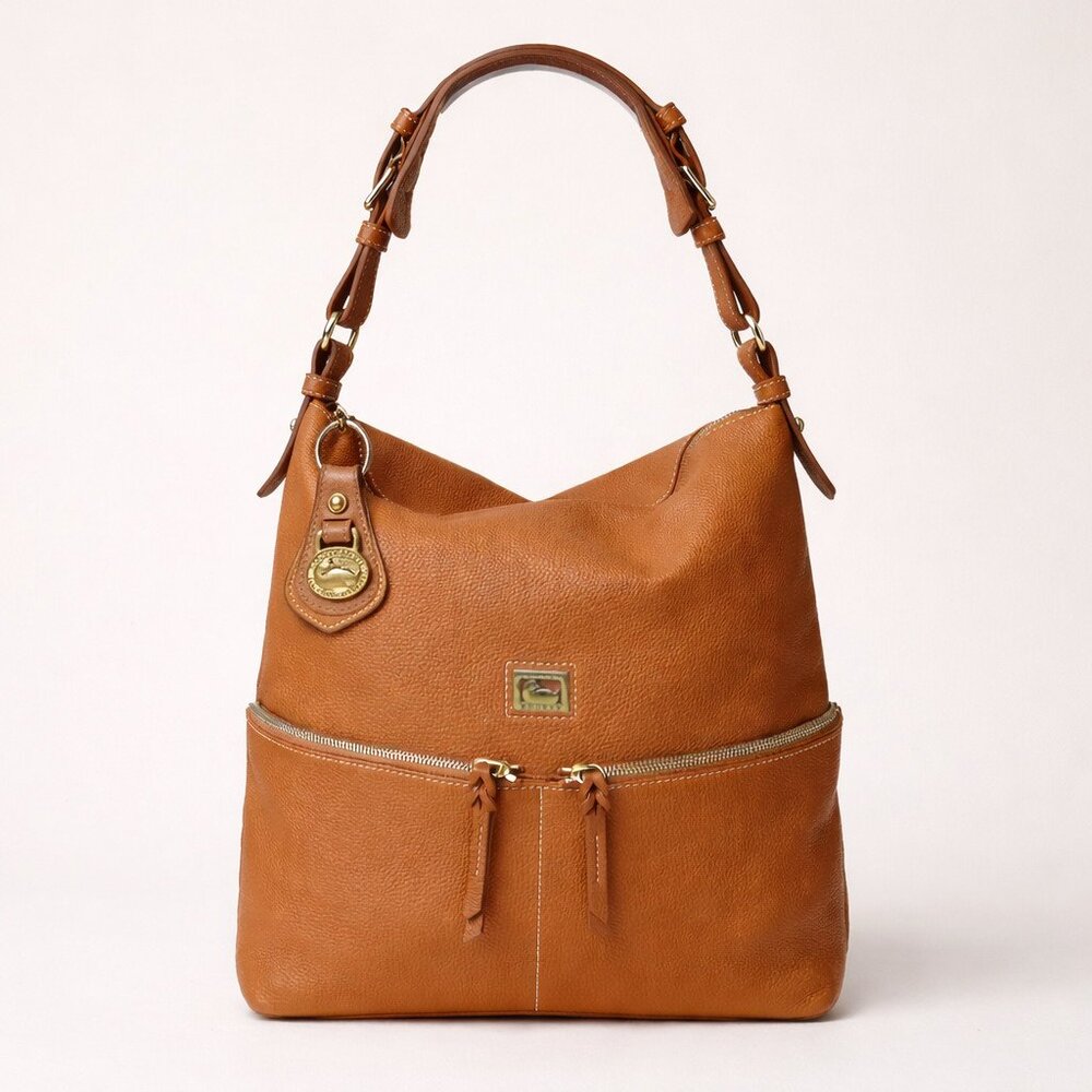 Dooney & Bourke Pebble Grain Caramel Leather Hobo Shoulder Bag Double Zip & Fob